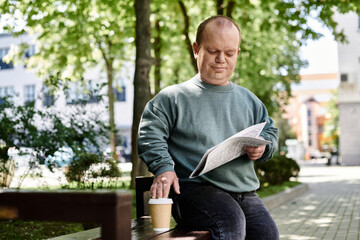 Fototapeta premium A man with inclusivity sits on a park bench, reading a newspaper and enjoying a cup of coffee.