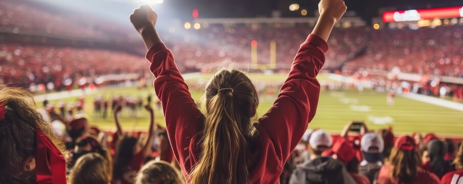 Female sports fan cheering at a college football game