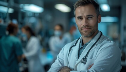 Obraz premium Confident doctor in lab coat, shallow depth of field, focused lighting, medical team blurred behind