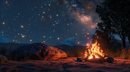 A glowing campfire crackling under a starry night sky, casting warm light and creating a cozy ambiance for storytelling
