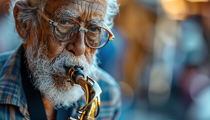 Elderly saxophonist playing, closeup, soulful expression, natural light