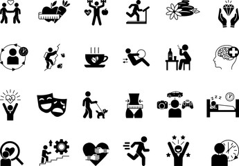 Black Set of Lifestyle Icons. Vector Icons of Diet, Exercise, Healthy Lifestyle, Relaxation, Unhealthy Lifestyle, Luxury Lifestyle, Weight Loss, Habits, Interests, Leisure and Other
