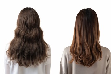 Fototapeta premium Woman before and after hair treatment on white background, Stunning Before and After Hair Treatment Transformations on a White Background, Incredible Hair Treatment Results, Before and After Photos of