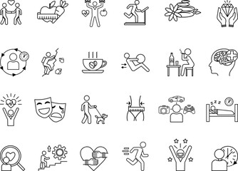 Lifestyle Icons Set. Vector Icons of Diet, Exercise, Healthy Lifestyle, Relaxation, Unhealthy Lifestyle, Luxury Lifestyle, Weight Loss, Habits, Interests, Leisure and Other