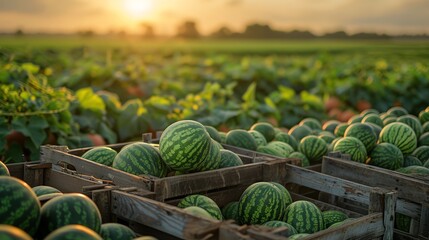 Watermelons in wooden crates at sunset, lush green field - Powered by Adobe