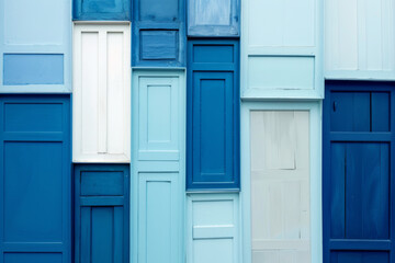 Several minimalist doors, partially overlapping, in varying shades of blue. The background is white, and the overlapping doors create an abstract pattern 