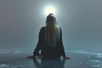 Serene Contemplation by Moonlit Frozen Lakeshore

