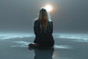 Serene Contemplation by Moonlit Frozen Lakeshore

