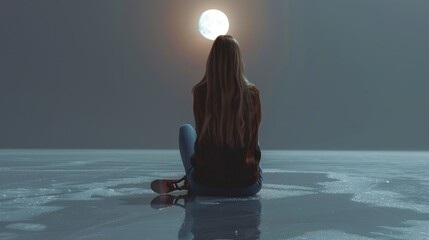 Serene Contemplation by Moonlit Frozen Lakeshore

