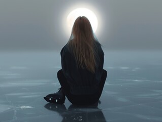 Serene Contemplation by Moonlit Frozen Lakeshore

