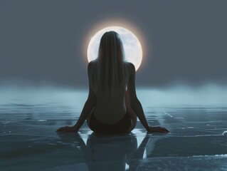 Serene Contemplation by Moonlit Frozen Lakeshore

