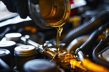Mechanic Pouring Fresh Oil into Car Engine - Auto Maintenance and Repair Concept