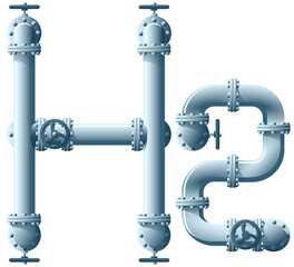 H2 formula from pipes. Green Hydrogen production and transportation concept
