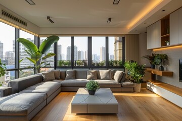 Cozy Modern Living Room with Large Windows and Indoor Plants

