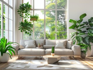 Cozy Modern Living Room with Large Windows and Indoor Plants

