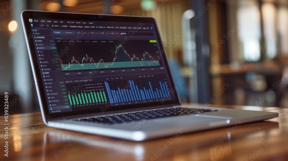 Leinwandbilder a laptop displaying stock market data and performance graphs, illustrating the use of technology in 