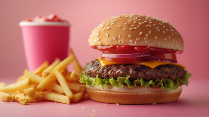 Close up burger and fries isolated on pink pastel background. Concept of ultra processed food.