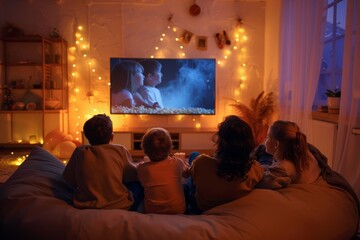 Cozy Family Home Theater with Bean Bags, Wall-Mounted TV, and Soft Yellow Lighting for a Movie Night