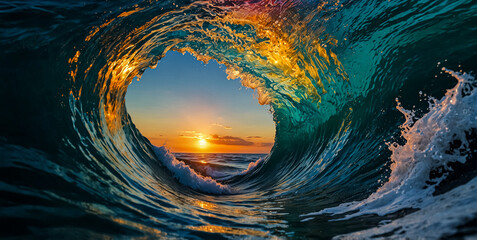 Big waves at sea at sunset.
