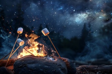 Cozy Campfire with Friends Roasting Marshmallows Under a Starry Night Sky in Serene Forest Scene
