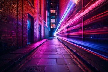 Fototapeta premium 1. Ultra HD Neon Light Trails in a Dark Urban Alley Suitable for Application, Desktop, Banner Background, Print Backdrop, and Other Print and Digital Work Related.
