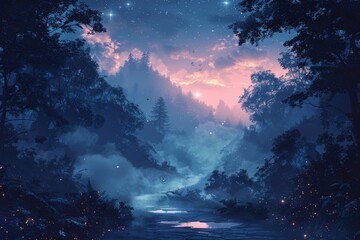 Naklejka premium A magical forest scene with sparkling lights and a twilight sky that illuminates a mysterious pathway and reflective water