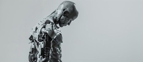 male cyborg, with chrome-plated body parts, plain background
