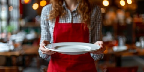 Waiter in Red Apron Holding an Empty White Plate in a Restaurant