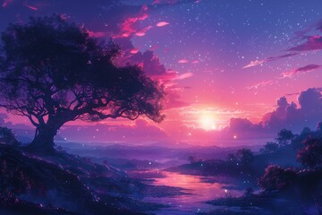 Fototapeta premium A vividly colored dreamlike landscape featuring a lone tree under a star-filled twilight sky