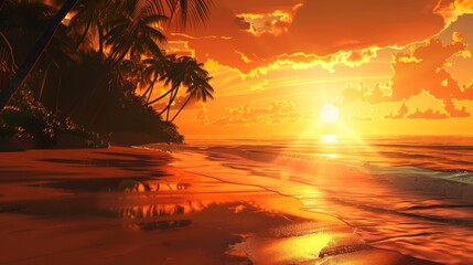 A majestic sunset casting a warm, golden glow over a tranquil beach, with silhouettes of palm trees swaying in the breeze