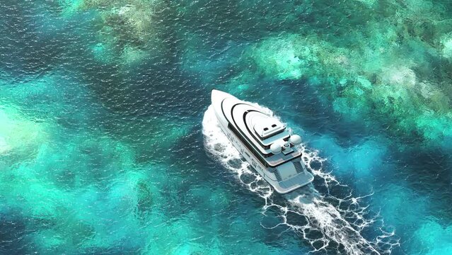Luxury Yacht Cruising on a Turquoise Lagoon Among Coral Reefs in a Clean Sea, Beautiful 3d Animation, 4K Ultra HD 3840x2160