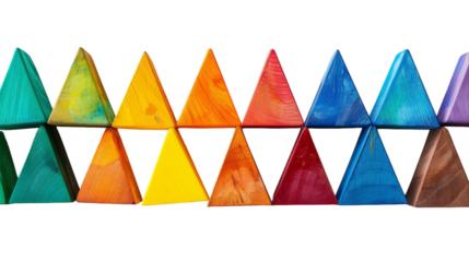 A row of colorful wooden triangular blocks on a white background