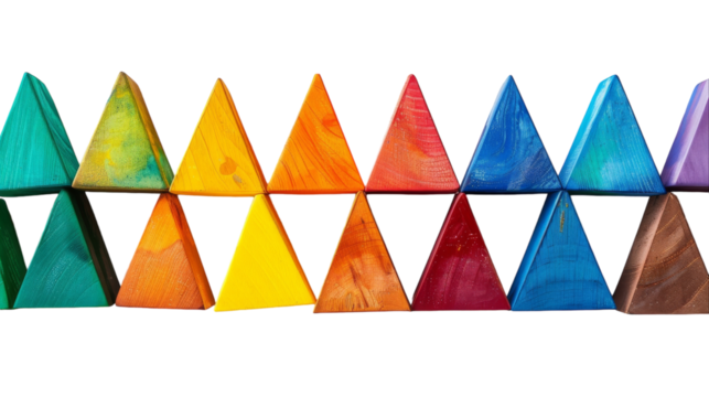 A row of colorful wooden triangular blocks on a white background