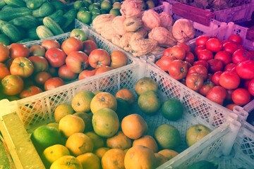 Guadeloupe fruit and vegetables. Retro style filtered photo.