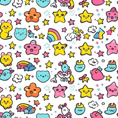Seamless pattern in children's fantasy style in pastel children's colours, depicts fantasy creatures, Kind children's design,for children's textiles