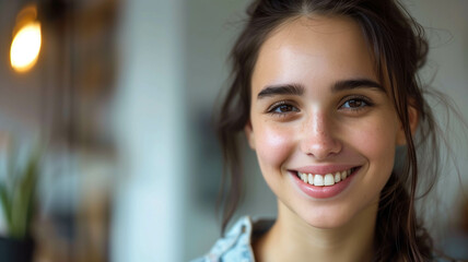 Obraz premium young woman with flawless teeth showing a radiant smile in a sleek dental office
