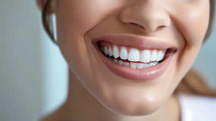 Obraz premium young woman with flawless teeth showing a radiant smile in a sleek dental office