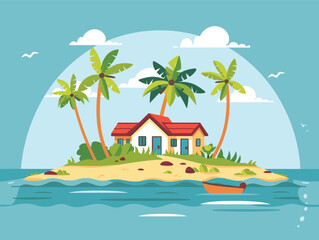 Tropical island paradise palm trees, sandy beach, small house. Blue ocean surrounds serene island under clear sky. Cartoon illustration vacation spot single boat floating nearby