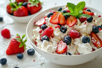 Fresh berry yogurt parfait with strawberries and blueberries