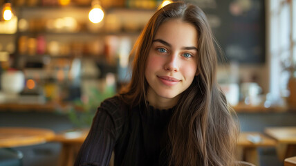 Obraz premium young woman with long, straight brown hair sitting in a cozy café