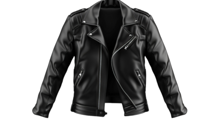 A black leather motorcycle jacket isolated on a white background