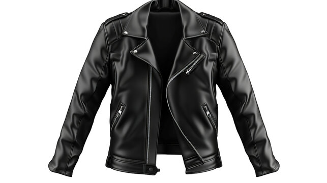 A black leather motorcycle jacket isolated on a white background - Powered by Adobe