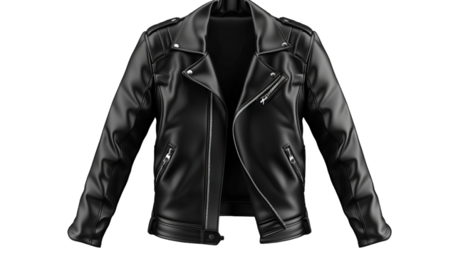 A black leather motorcycle jacket isolated on a white background