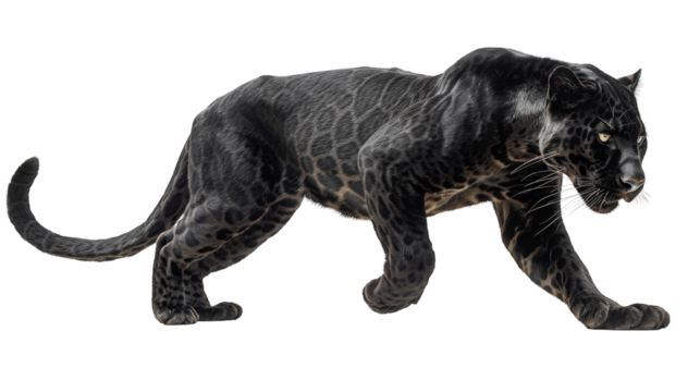 Black panther walking with its tail curled behind it