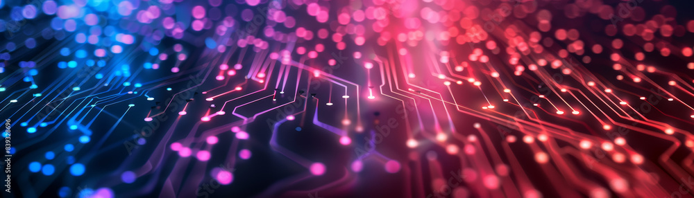Poster futuristic circuit board with vibrant neon lights representing advanced technology. ideal for tech t