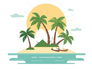 Tropical island cartoon graphic showing palm trees, boat, sun. Flat design illustration paradise island, summer, vacation concept. Serene beach landscape, travel, tourism background