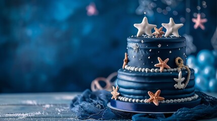 A navy blue birthday cake with nautical decorations, in front of a deep blue background being poured to create a maritime and sophisticated scene. © Jojo