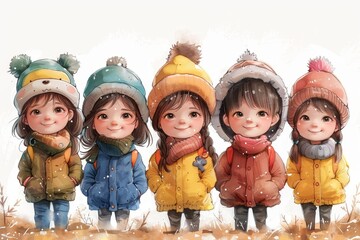 Digital illustration of six kids dressed in colorful winter clothing, looking cozy