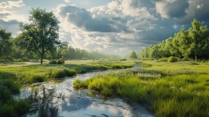 Obraz premium A peaceful natural scene showing a stream in a grassy field under a cloudy sky with trees and water mirroring the surroundings