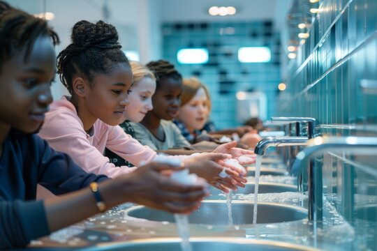 Diverse Group of Children Practicing Hand Hygiene in Modern Public Restroom